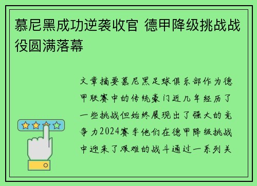 慕尼黑成功逆袭收官 德甲降级挑战战役圆满落幕